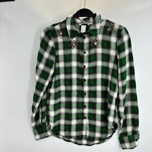 H&M Women's Green Plaid Shirt Size 4 Embellished Beaded Bugs